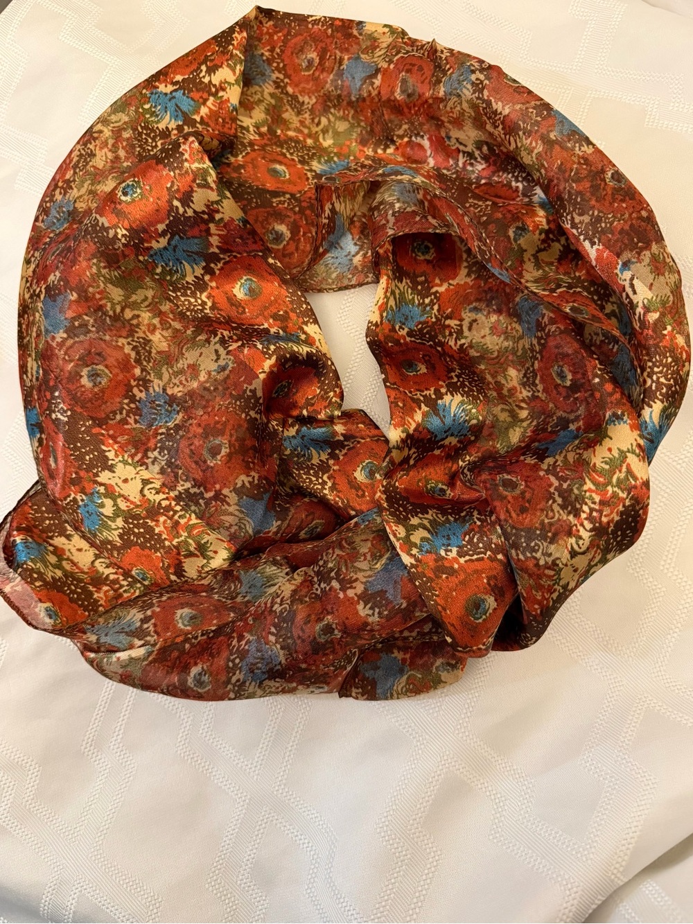 Silk-Feel Floral Infinity Scarf - Rust Multi